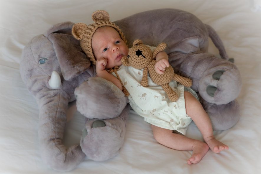 baby elephant pillow-1 – a baby holding a knitted bear while lying on an elephant pillow