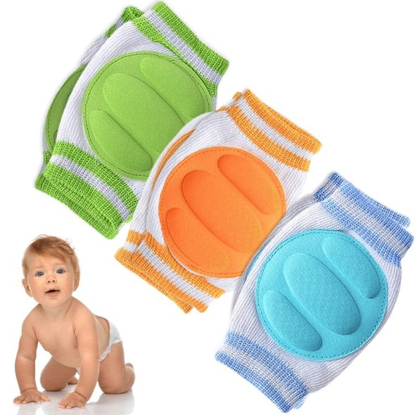 knee pads for crawling babies - three pieces in green, orange, and cyan